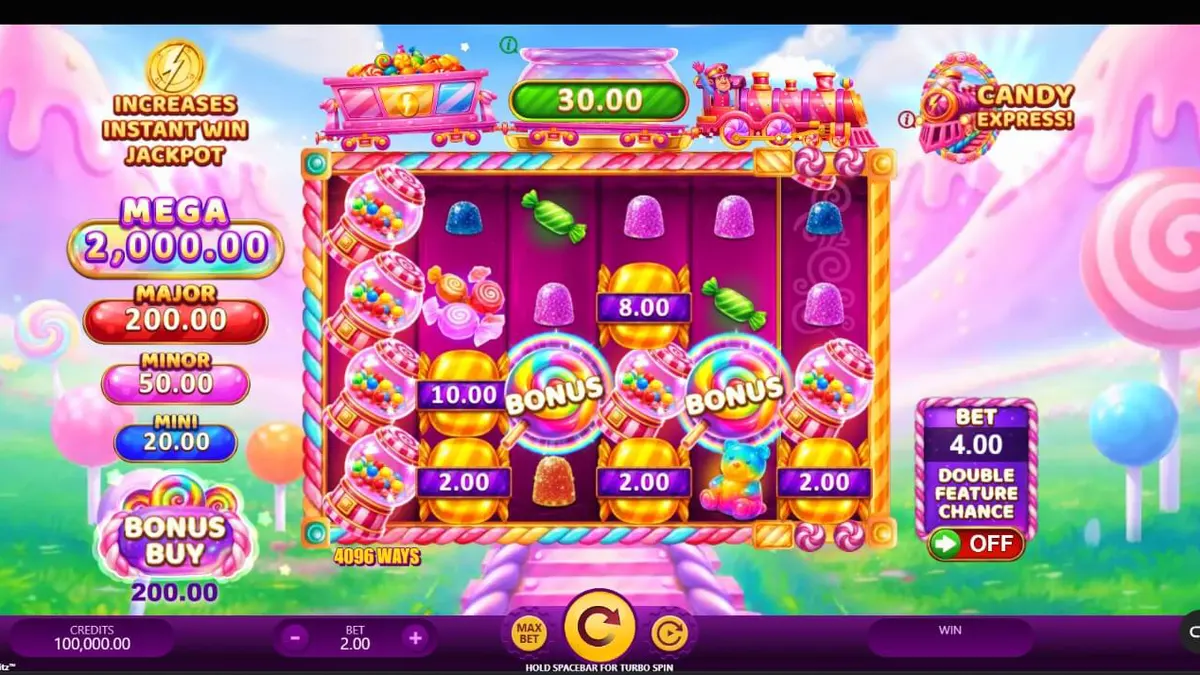 Tampilan visual slot Candy Express Gold Blitz dengan tema kereta permen yang ceria